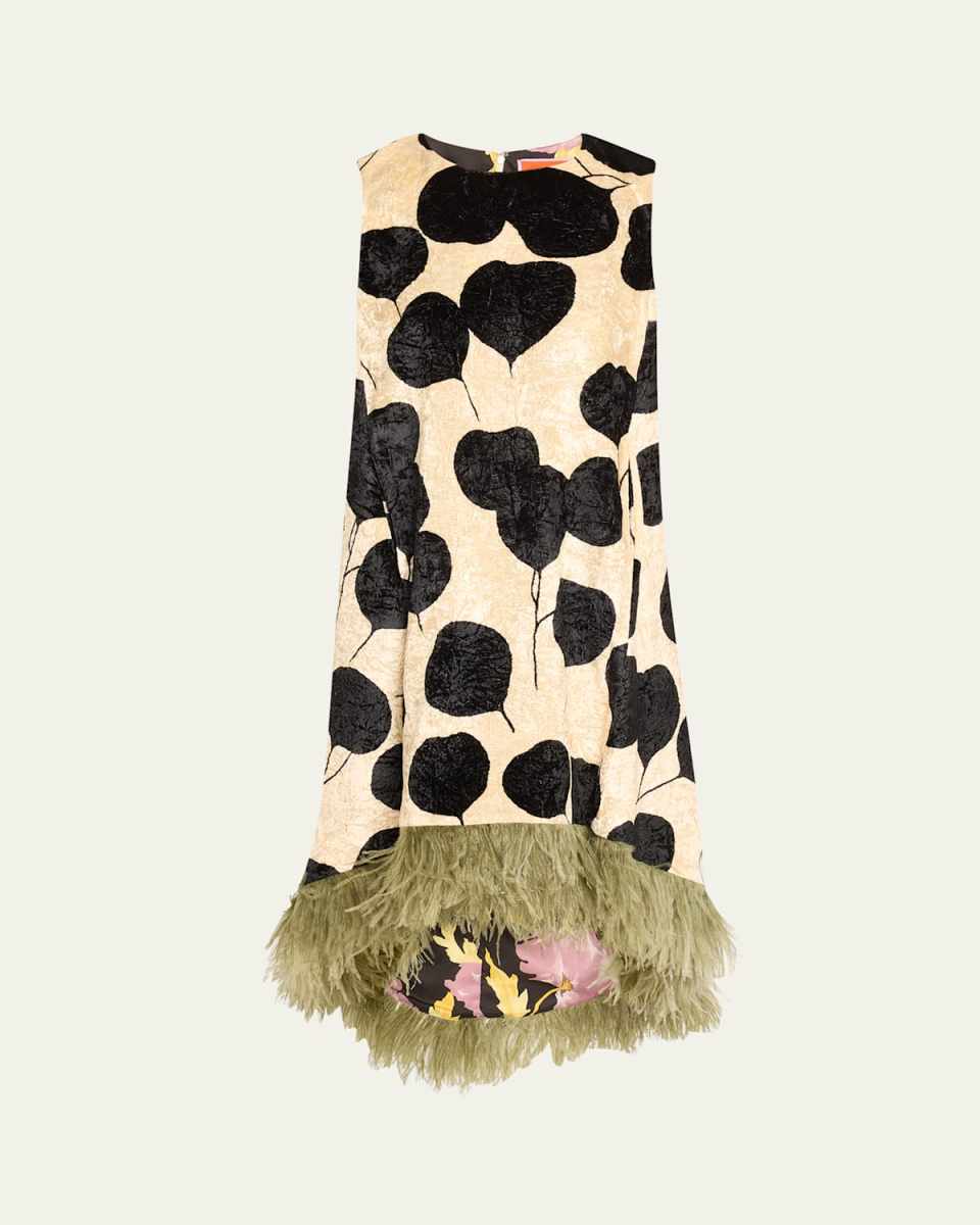 La Scala Floral Velvet Feather Trim High-Low Dress